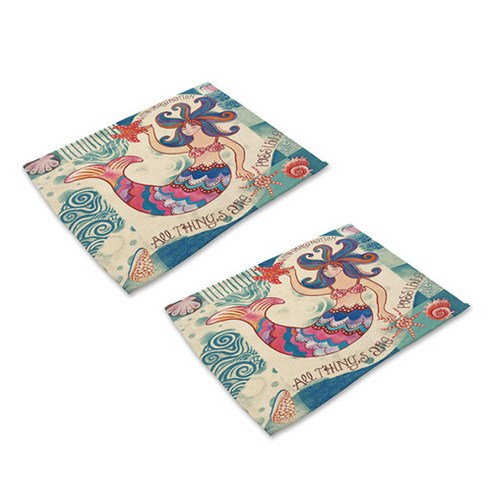 더플로우 바닷 속 다양한 인어공주들 린넨 천 아트 플레이스 매트 2p, 22, 42 x 32 cm