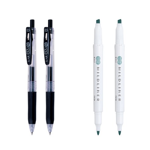 제브라 마일드라이너 마카 2p + 사라사 클립 볼펜 0.5mm 2p 세트, 스모크블루(마일드라이너), 검정(볼펜), 1세트