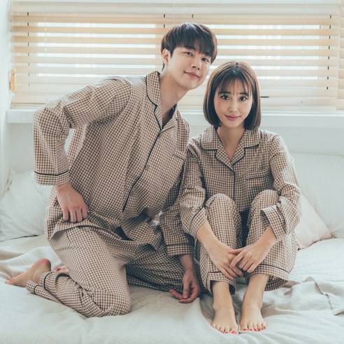 도씨 커플용 순면 긴팔 카라 잠옷 상하의 2종 세트