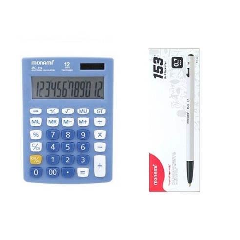 모나미 계산기 MC-102 + 153 볼펜 0.7 12p 세트, 혼합색상(계산기), 블랙(볼펜), 1세트