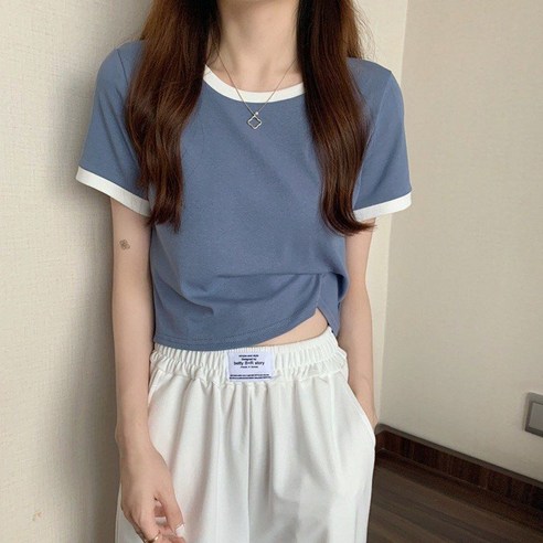 엘쏘 여성용 라운드 넥 시보리 배색 반팔 티셔츠