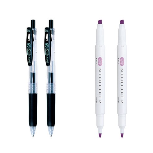 제브라 마일드라이너 마카 2p + 사라사 클립 볼펜 0.4mm 2p 세트, 마젠타(마일드라이너), 검정(볼펜), 1세트
