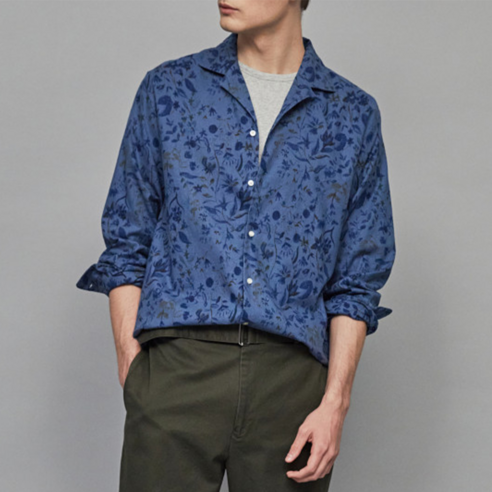 OFFICINEGENERALEMEN 남성용 플라워 린넨 혼방 긴팔 캐주얼 셔츠 꽃남방