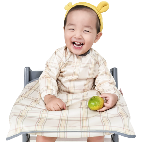 벨베이비 아동용 자기주도 이유식 긴팔 완전커버 턱받이 라지, (리뉴얼)베이지 체크, 1개
