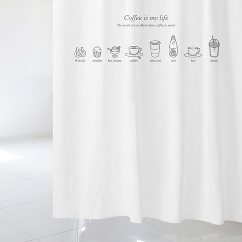디자인수풀 커피 시리즈 샤워 커튼 + 스테인리스 고리 12p + 커튼봉 풀세트, 08