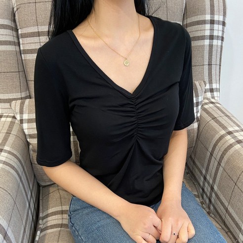 투데이앤룩 여성용 브이넥 셔링 로맨틱 레이온 스판 반팔 티셔츠