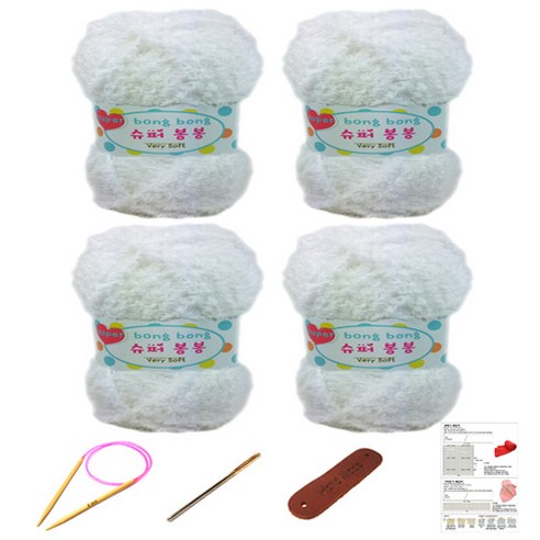 행복뜨기 슈퍼봉봉 뜨개실 4p + 줄바늘 4.5mm + 돗바늘 + 라벨 + 4종 목도리도안 세트, 1세트, 화이트