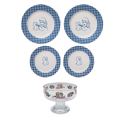 1537 체크라인 플랫 접시 2종 + 글라스볼 세트, 1세트, 깅엄체크 Small 2p + 깅엄체크 Large 2p + 글라스볼 가든오브엔젤