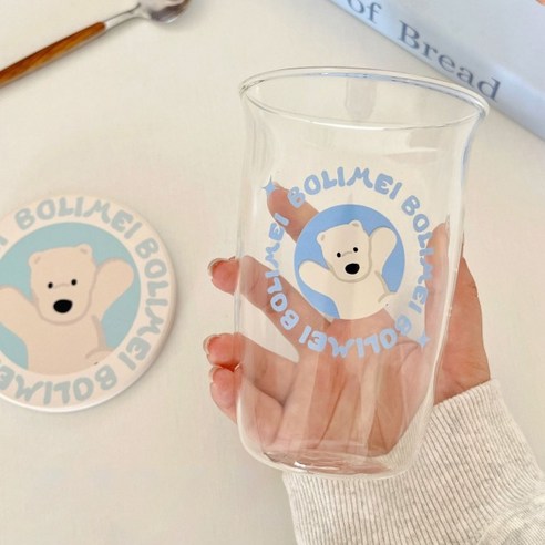 BOLIMEI 다파랑 컬러 댕댕이 일러스트 투명 유리컵 홈카페 아이스 커피잔 500ml HJ0092, 블루, 2개