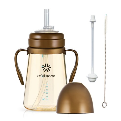 메똔느 유아용 PPSU NEW M3 빨대컵 300ml + 추 빨대 + 세척솔, 펄 브라운, 1세트
