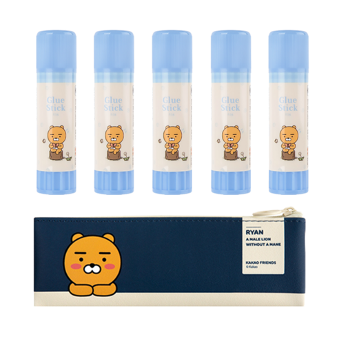 카카오프렌즈 모던st 미니 플랫 펜슬케이스 + KF 데일리 글루 스틱 5p 세트, 라이언(펜슬케이스), 라이언(글루스틱), 1세트