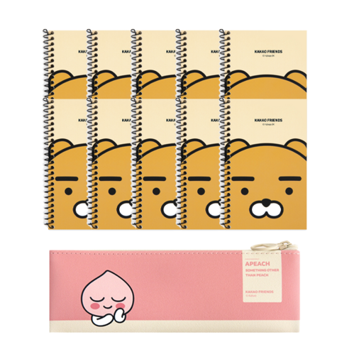 카카오프렌즈 모던스타일미니 플랫 펜슬케이스 + 원링 좌철 수첩 10p, 핑크(펜슬케이스), 라이언(수첩), 1세트
