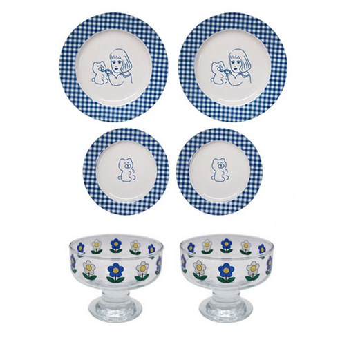 1537 체크라인 플랫 접시 2종 + 글라스볼 세트, 1세트, 깅엄체크 Small 2p + 깅엄체크 Large 2p + 글라스볼 쁘띠플라워 2p