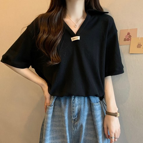마켓에이 여성용 카라 브이넥 스트링 반팔티
