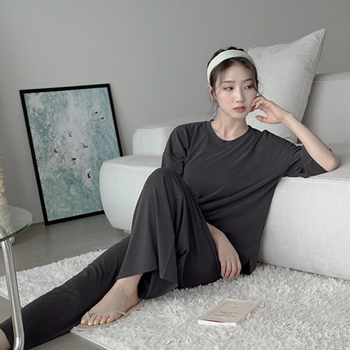 파란 여성용 샌드워싱 모달 라운드 상하의 세트