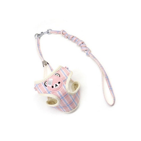 펫트롱 강아지고양이 곰돌이 체크 목줄 하네스 세트 1m, 핑크, 1세트