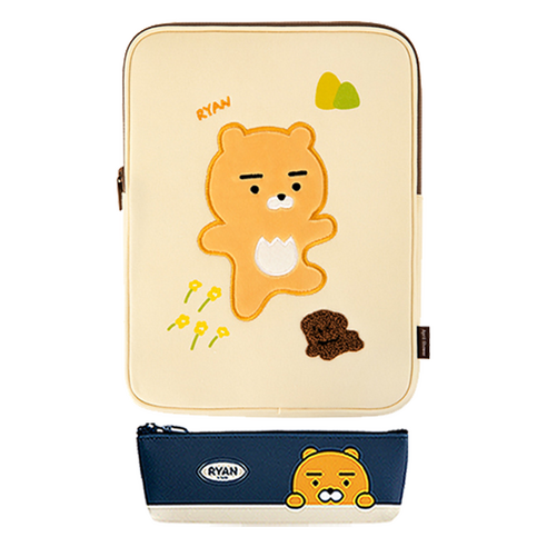 카카오프렌즈 모던st 미니 삼각 필통 + 에이프릴샤워 태블릿 파우치 220 x 290 x 22 mm, 네이비 라이언(필통), 라이언(태블릿 파우치), 1세트