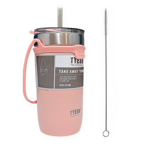 타이소 진공 스텐 핸들 스트랩 텀블러 + 트라이탄 빨대 + 빨대 세척솔, 핑크, 550ml