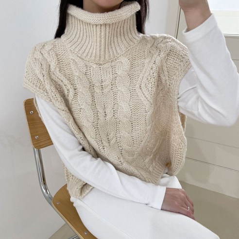 플렌데이 따뜻한 터틀넥 꽈배기 니트 조끼