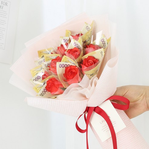 라비나 비누장미 10p 돈꽃다발 + 쇼핑백 세트, 와플레드(꽃다발)