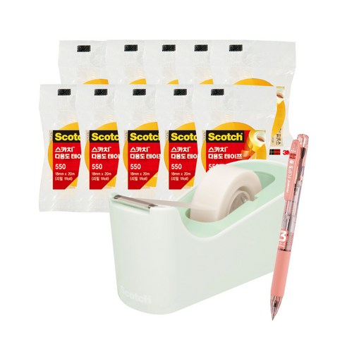 쓰리엠 스카치 탁상용 테이프 디스펜서 C18 + 다용도 테이프 리필 550 12mm x 20m 5p + 18mm x 20m 5p + 모나미 플립 3색 볼펜 0.5mm 세트, 민트(디스펜서), Papaya(볼펜), 1세트