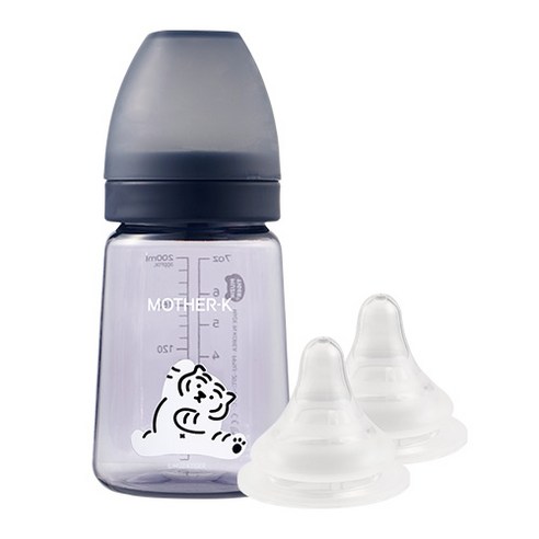 마더케이 무직타이거 PPSU 젖병 180ml + 젖꼭지 2p 세트, 네이비, 1단계(0~1개월)