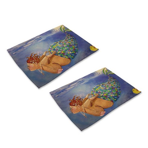 더플로우 바닷 속 다양한 인어공주들 린넨 천 아트 플레이스 매트 2p, 24, 42 x 32 cm