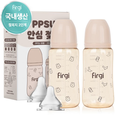 퍼기 PPSU 토끼 공룡 안심 젖병 트윈팩 노꼭지 2종 세트, 280ml, 토끼, 공룡, 1세트