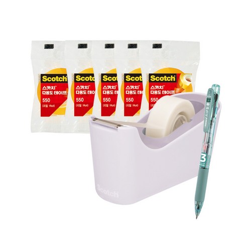 쓰리엠 스카치 탁상용 테이프 디스펜서 C18 + 다용도 테이프 리필 550 12mm x 20m 5p + 모나미 플립 3색 볼펜 0.5mm 세트, 라벤더(디스펜서), Sage Green(볼펜), 1세트