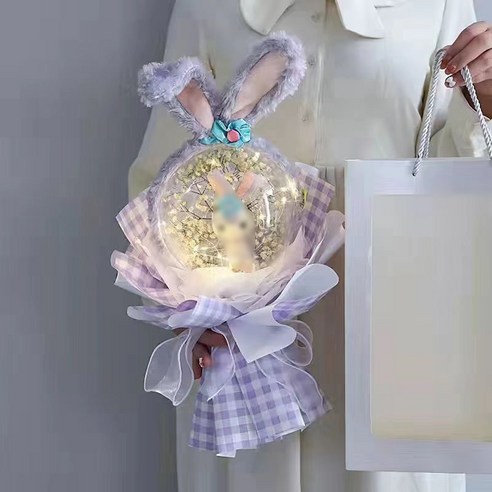 프리워 발렌타인데이 머리띠 꽃다발 선물 16cm, 보라체크