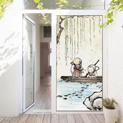 꾸밈 불교의삶 현관문 시트지 da386, 동자승과나룻배, 100 x 210 cm