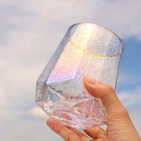 코지테이블 미스틱 오로라 프리즘 홀로그램 글라스 골드라인 언더락 550ml, 2개