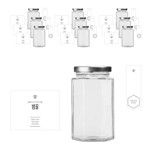 육각 꿀병 310ml + 러그캡 실버 + 병스티커 심플 밤꿀L + 봉인스티커 세트, 10세트