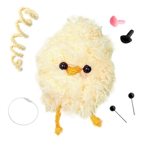 yarna 철사인형 + 핀타입 인형눈 4mm x 2p + 컬러미니삼각코 2종 + 컬러와이어링 모루 뽀글이 짹짹이 인형 만들기 세트, 1세트, 연노랑 + 화이트 + 블랙 + 핑크