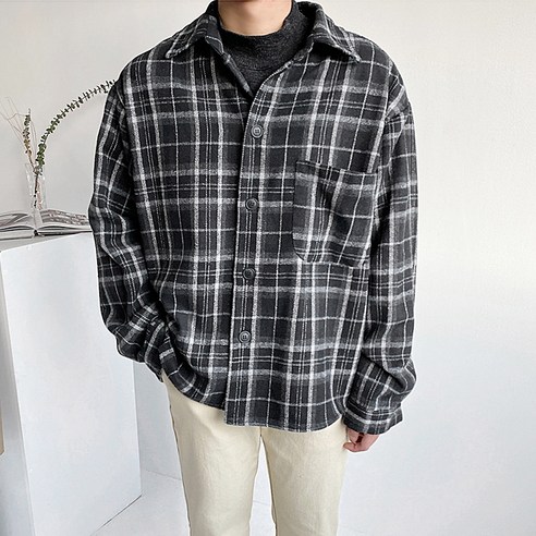 남성용 하운드 체크 울 남방셔츠