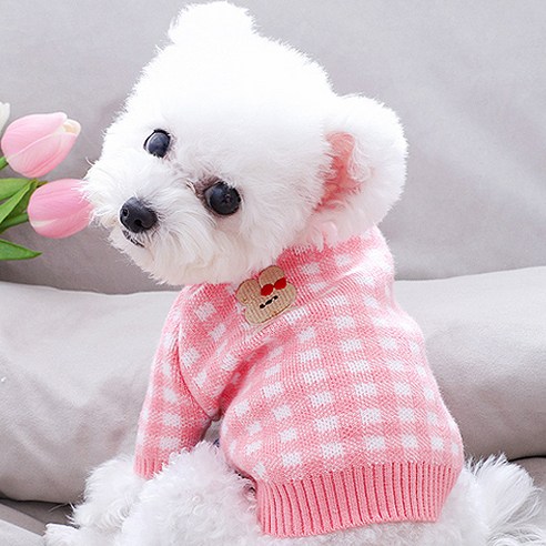 강아지 한별나라 귀여운 작은테디 체크 스웨터, 핑크