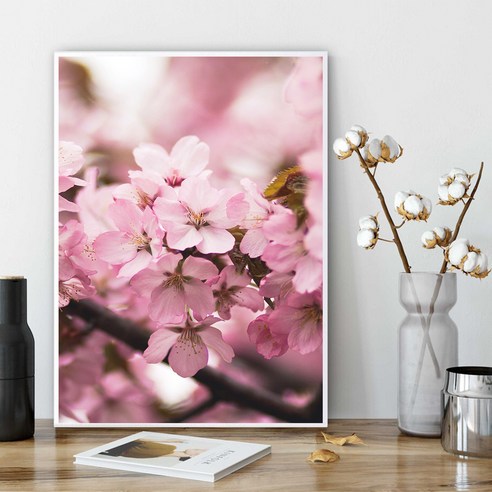 마벨인홈 인테리어 포스터 분홍벚꽃 + 우드원목 액자 세트, 화이트