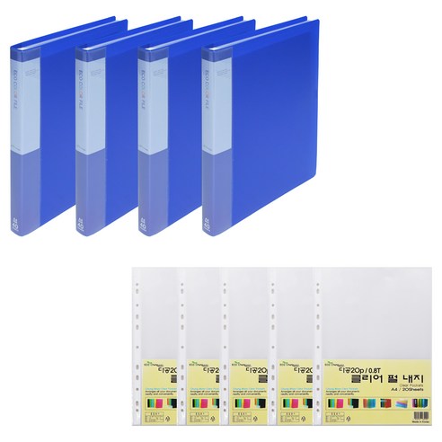 에코청운 PP 클리어파일 A4 40매 x 4p + 리필 속지 0.8mm 100매 세트, 파랑, 1세트