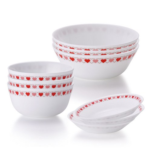 파이렉스 밀크글라스 공기 대접 앞접시 3인 세트 9p, 하트, 밥공기 3p + 국그릇 3p + 앞접시 3p