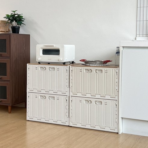 오픈도어 모듈형 주방수납함 2 x 2단 + MDF 상판 세트, 아이보리(주방수납함), 1세트
