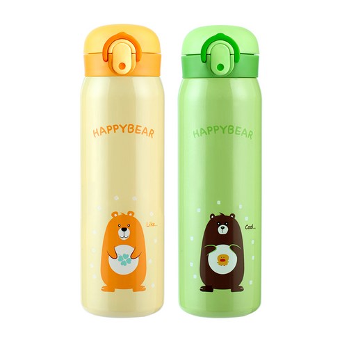 해피베어 원터치 보온 보냉병 2종 세트, 그린, 옐로우, 500ml, 1개