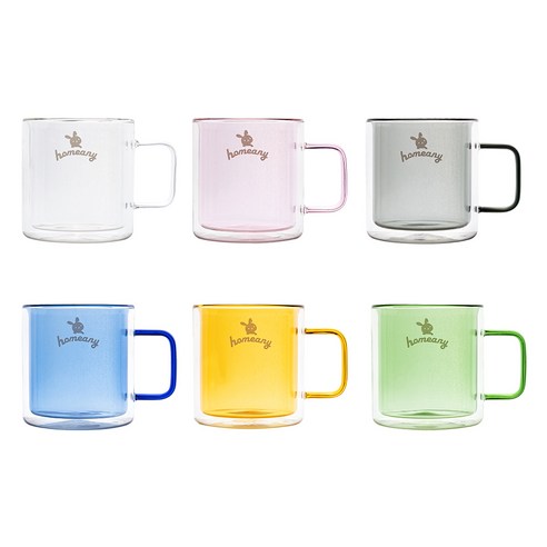 홈애니 컬러 이중 내열 유리컵 380ml, 화이트 + 투명, 핑크, 그레이, 블루, 옐로우, 그린, 6개