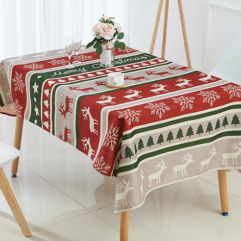 마켓에이 크리스마스 패턴캐릭터 식탁보, 레드그린패턴, 140 x 160 cm