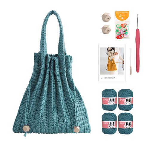 yarna 올리오 단색 플리츠백 DIY 패키지 S, 724 빈티지딥마린(뜨개실), 베이지(우드볼), 랜덤발송(단수링), 1세트