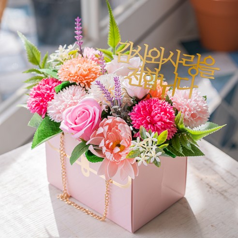 아스파시아 비누꽃 레이디언트 카네이션 선물 미니 가방 + 메세지픽 + 머니홀더 픽 + 쇼핑백 세트, 핑크, 1세트