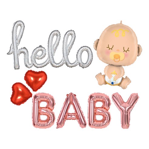 조이파티 베이비샤워 이니셜은박 hello + 알파벳은박 BABY 소 + 그라보 은박 베이비 + 은박 하트 미니 2p 풍선 세트, 홀로그램실버(hello), 로즈골드(BABY), 레드(하트), 1세트
