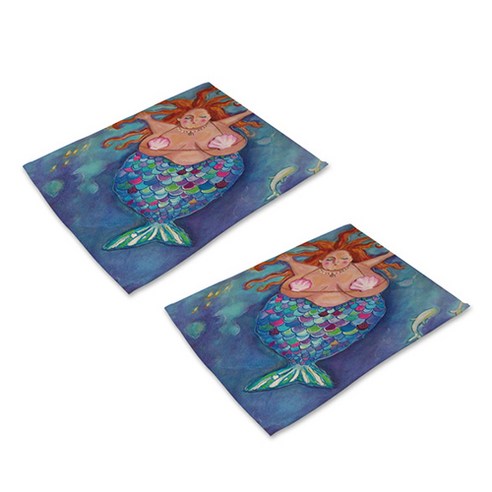 더플로우 바닷 속 다양한 인어공주들 린넨 천 아트 플레이스 매트 2p, 26, 42 x 32 cm