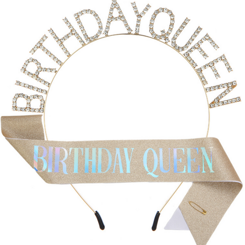 바이핏 파티용품 birthday queen 머리띠 + 어깨끈 세트, 골드, 1세트