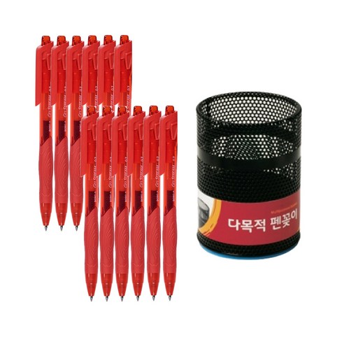 동아 겔스트림 볼펜 0.7mm 12p + 이글 메탈 펜꽂이 소, 빨강(볼펜), 블랙(펜꽂이), 1세트