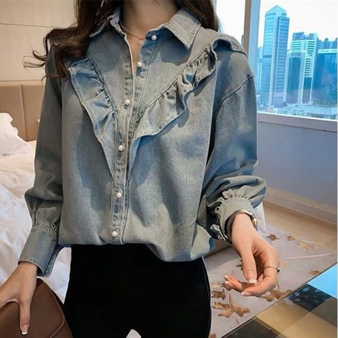 아이엠몽 여성용 블로드 데님 프릴 남방 긴팔 셔츠